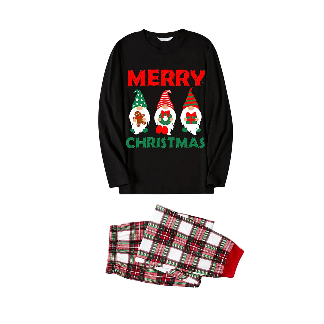 Christmas Elf Pattern Black Top with Red & White & Green Plaid Pants Family Matching Pajama