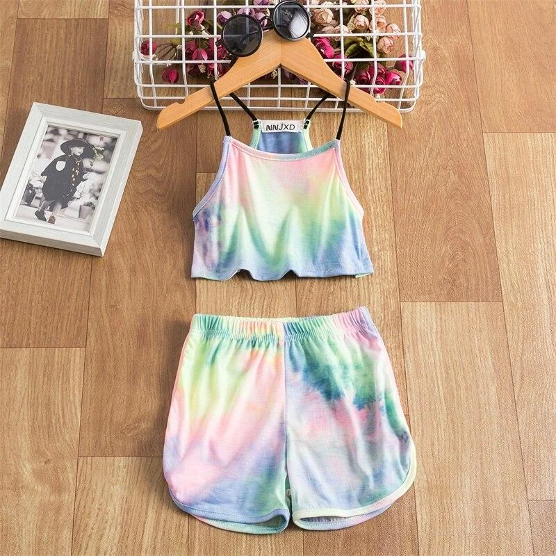 Summer Girls Tie Dye Clothing Set Gradient Sling Sleeveless Crop Tops+Pants Baby Kids Tracksuit Children Rainbow Party Beachwear