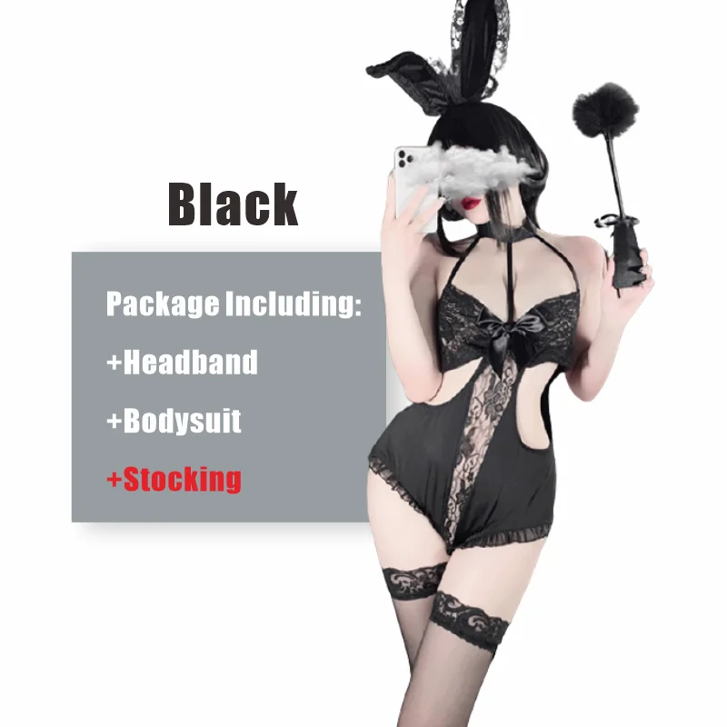 Billionm OJBK Sexy Cute Bunny Costumes Temptation Transparent Lace Jumpsuit Halter Holllow Bowknot Lingerie Rabbit Uniform Cosplay 2021