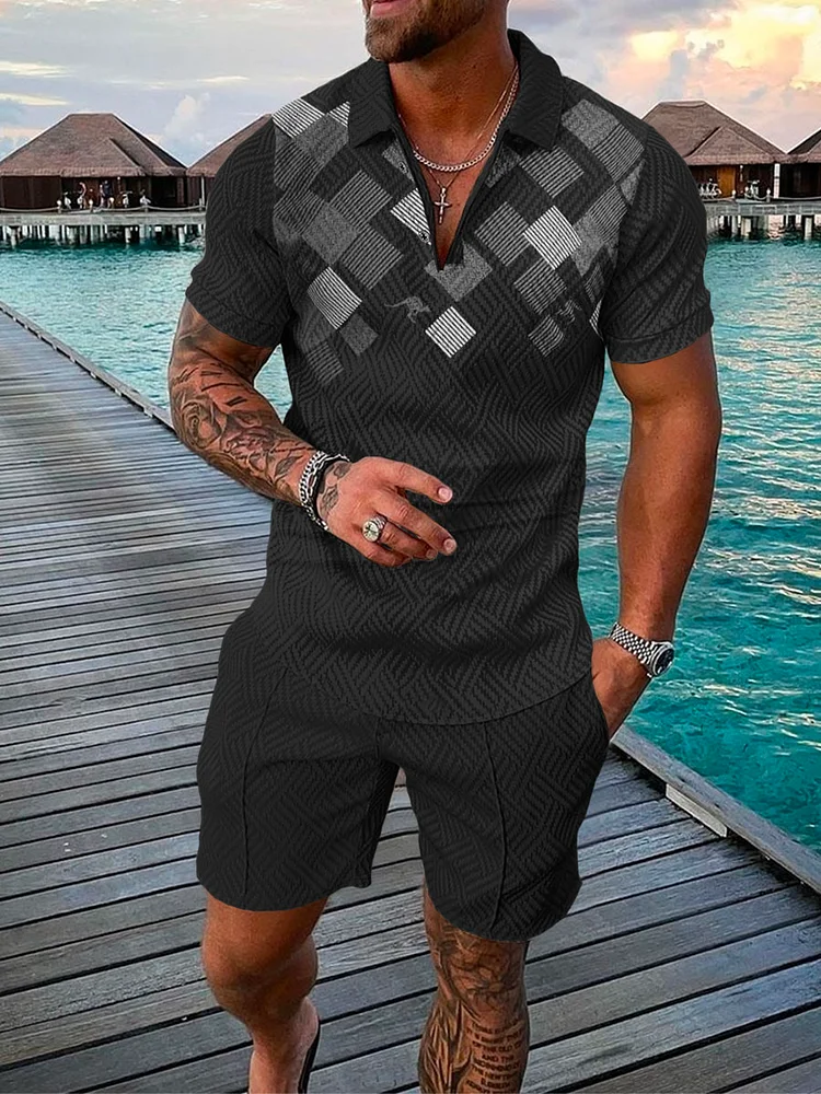 Men's Fashion Vacation Geometric Printed Polo Suit