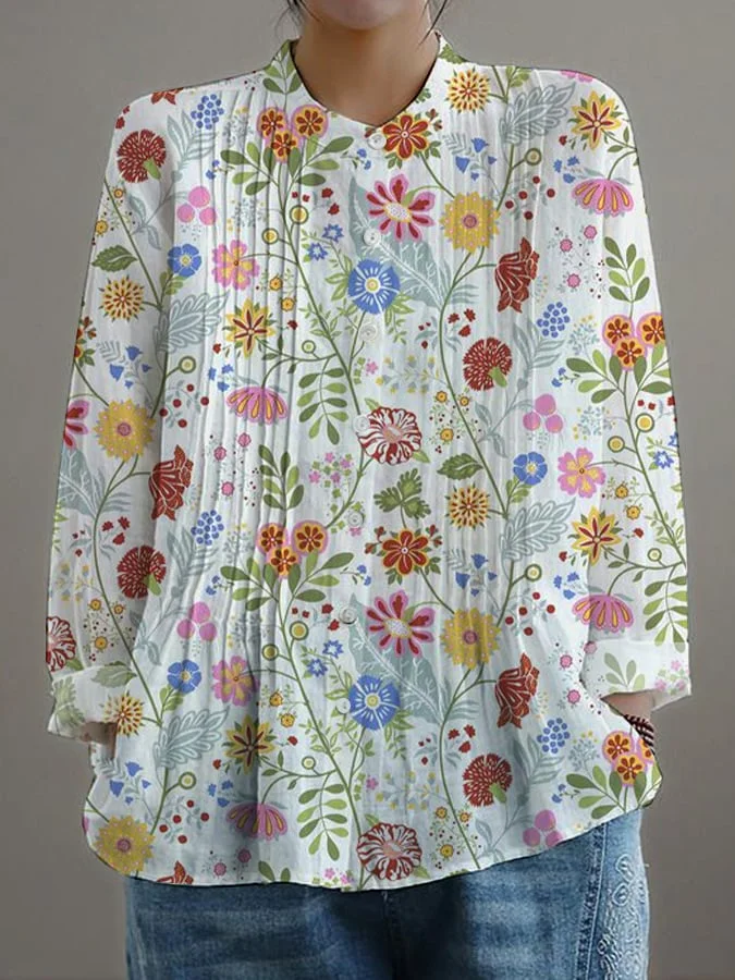 Women's Casual Loose Floral Cotton And Linen Shirt 