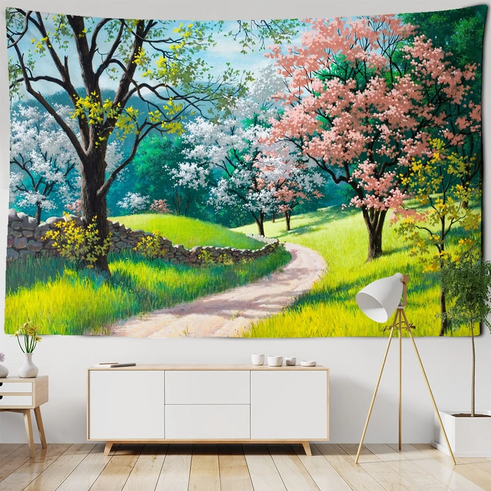Peach And Pear Blossom Tapestry Wall Hanging Natural Landscape Bohemian Fresh Hippie Bedroom Living Room Home Decor