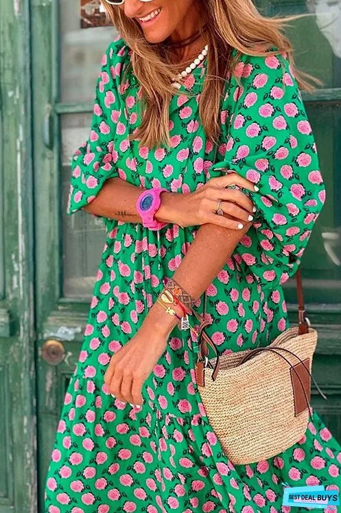 Meridress Puff Sleeve Geometry Printed Swing Dress