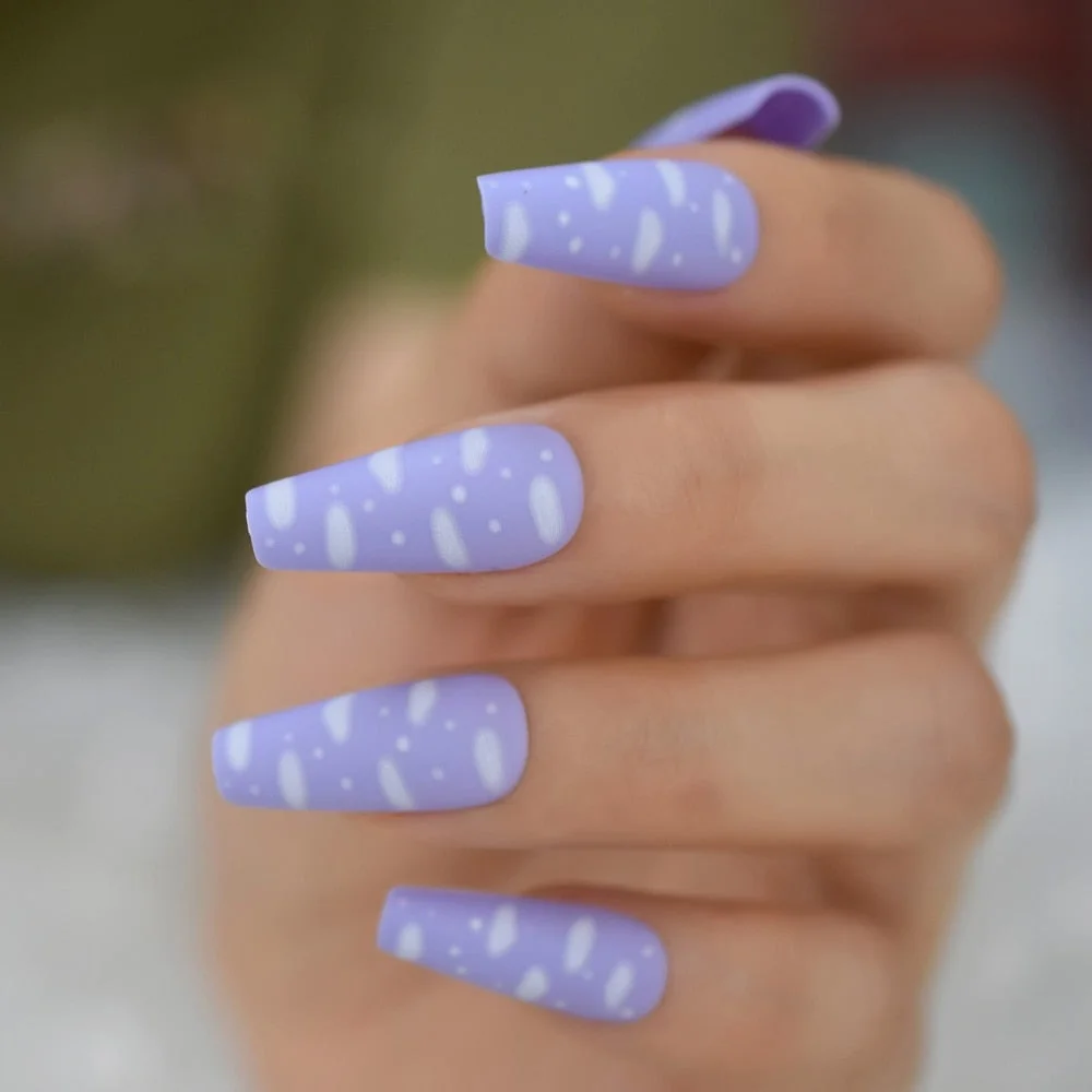 Sky White Cloud Baby Purple Press on False Nails Long Ballerina Coffin Popular Matte Frosted Fake Fingersnails Extention Tool