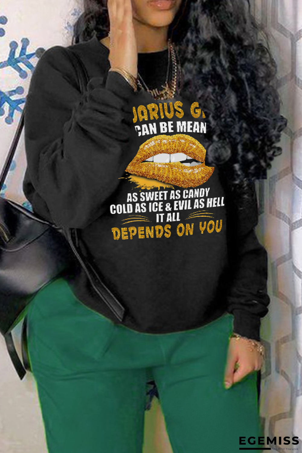 Black Casual Lips Printed Patchwork O Neck Tops | EGEMISS