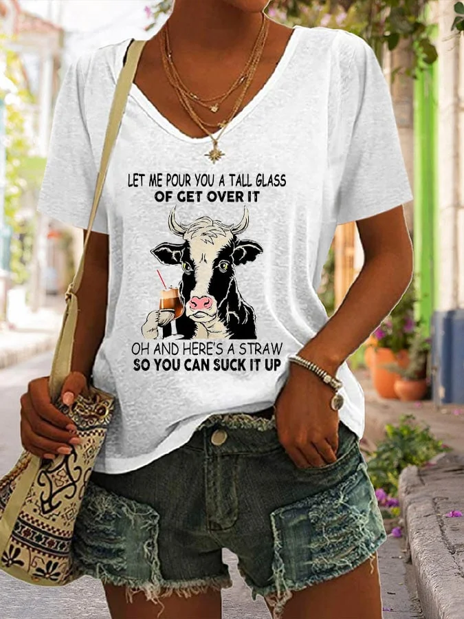 Women's Animal Cow Print Casual V-Neck T-Shirt
