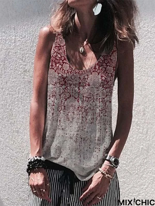 Printed Casual Crew Neck Sleeveless Tops