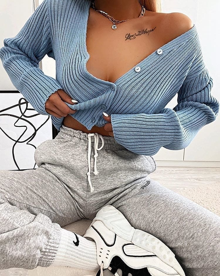 Knitted Sweater Two Piece Set Women Long Sleeve Buttons Top High Waist Shorts 2pcs Outfits Lady Slim Matching Fall Clothes Sets