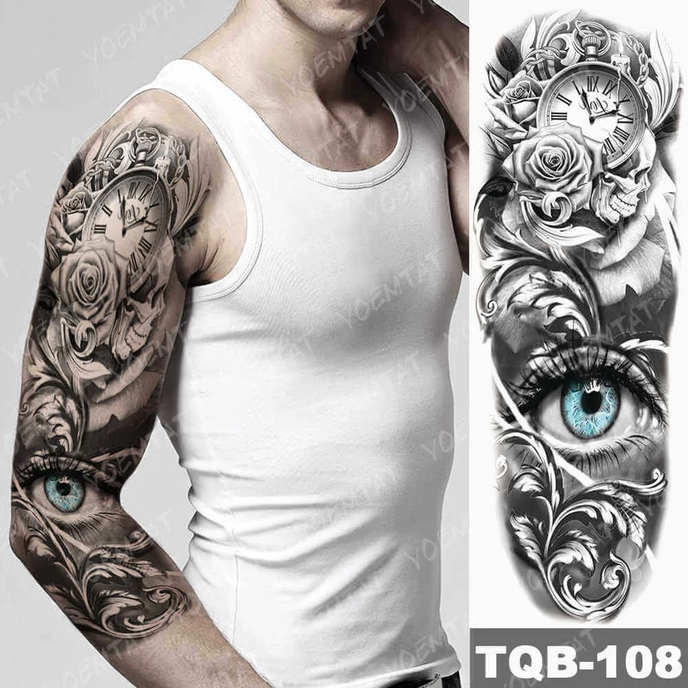Large Arm Sleeve Tattoo Rose Gear Clock Eye Waterproof Temporary Tatto Sticker Lion Wolf King Body Art Full Fake Tatoo Women Men