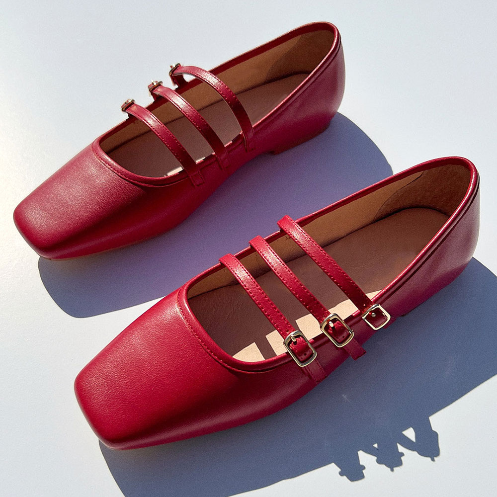 Red Vegan Leather Square Toe Flat Mary Jane Slip-On Shoes Nicepairs