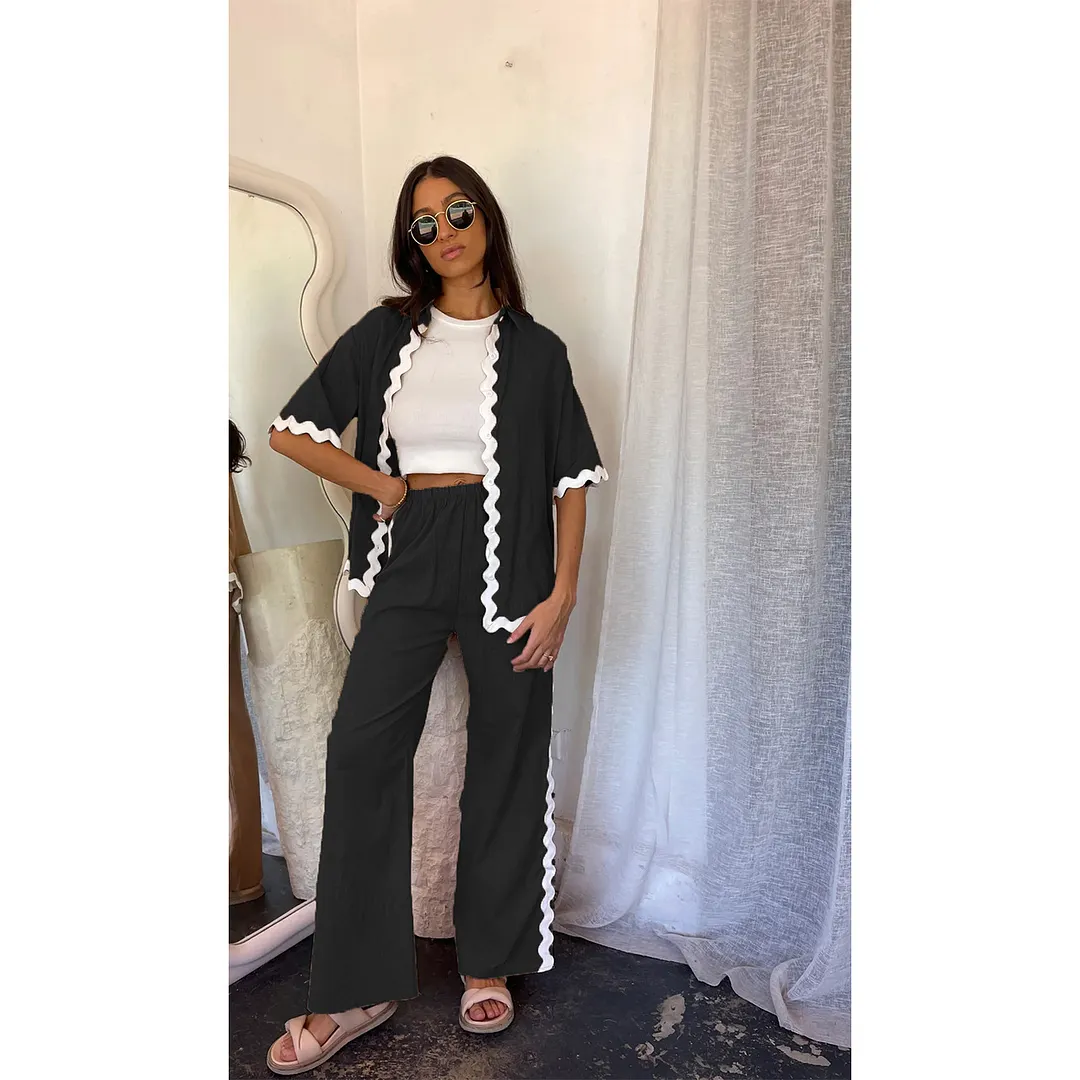 Brownm Brownm Spring And Summer New Comfortable Casual Single Breasted Lace Splicing Trousers Shirt Coat 88231