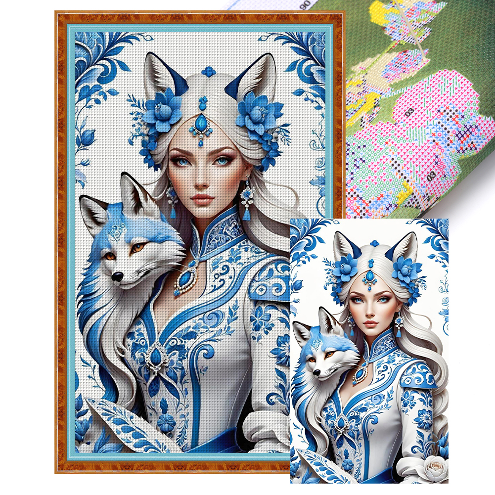 Blue And White Porcelain-Woman And Fox Full 11CT Pre-stamped Canvas(40*65cm) Cross Stitch