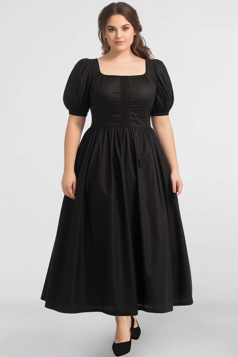 Flycurvy Plus Size Everyday Black Shirred Front Puff Sleeve Maxi Dress