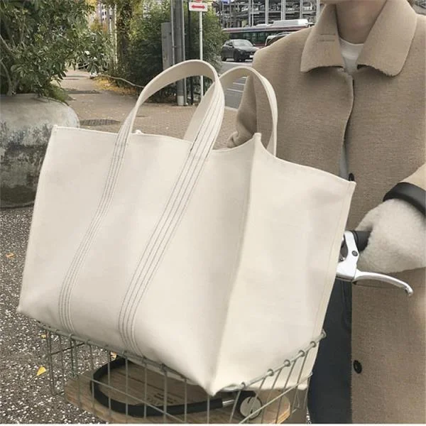Pongl Bags Women Unisex All-match Large Capacity Totes Leisure White Canvas Simple Korean Style Vintage Travel Casual Retro