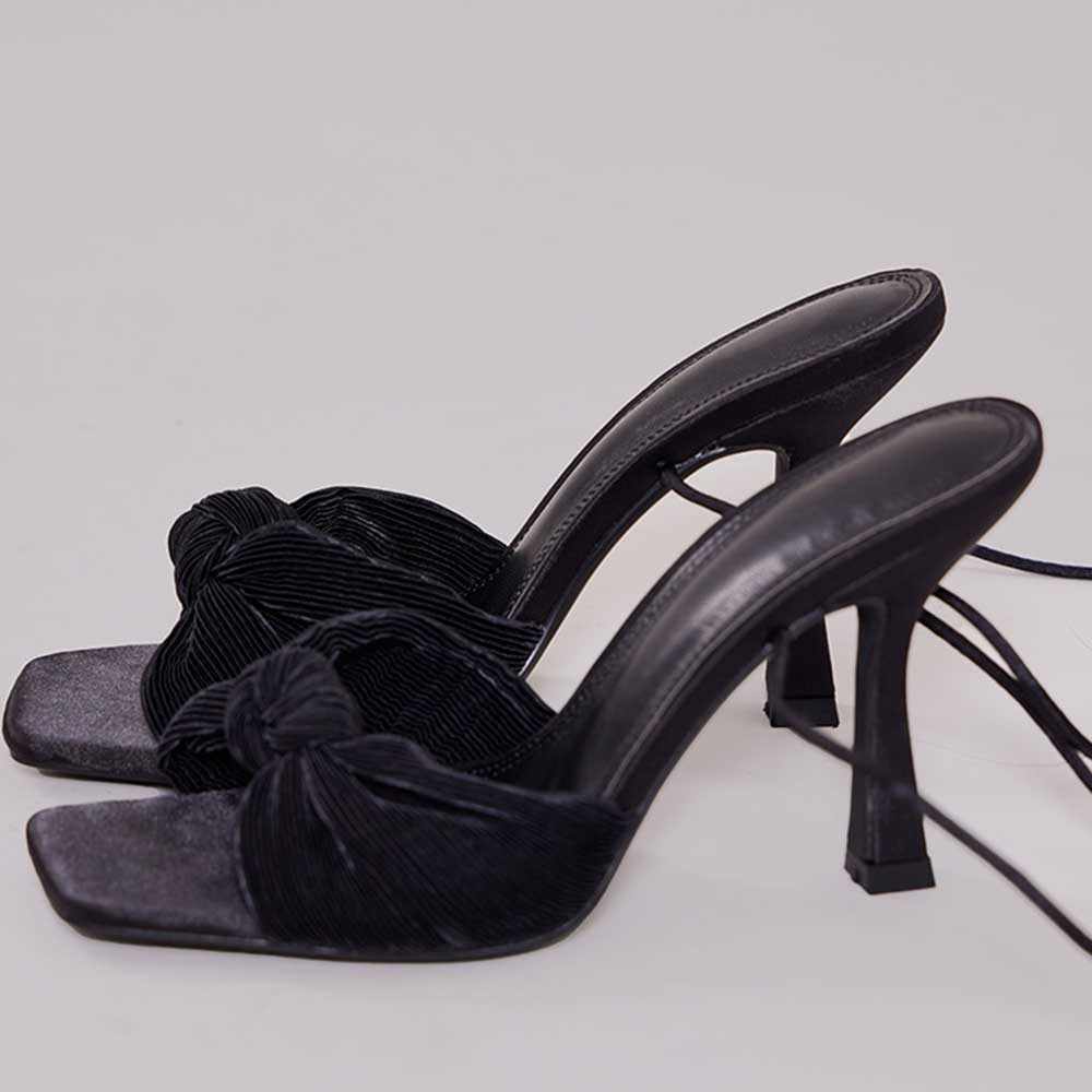 Black Sqaure Toe Flared Heel Elegant Knot Design Lace Up Sandals Nicepairs