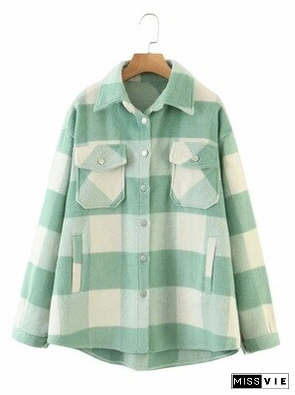 Autumn Winter Plaid Jacket Wool Blend Coat Fashion Button Long Sleeve Coat Casual Office Warm Overshirt Ladies Jackets Chic Tops