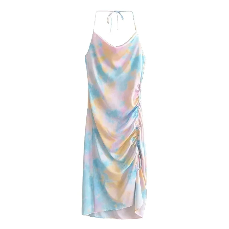 TRAF Women Fashion Side Drawstring Tie-Dye Print Midi Camisole Dress Vintage Backless Thin Straps Female Dresses Mujer