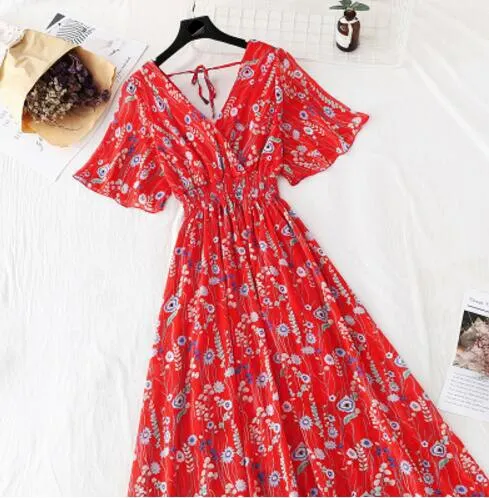 2020 Slim V Neck Summer Midi Long Dress Vestido Party Short sleeve Chiffon dress Women Casual Elegant print A-Line Vestidos