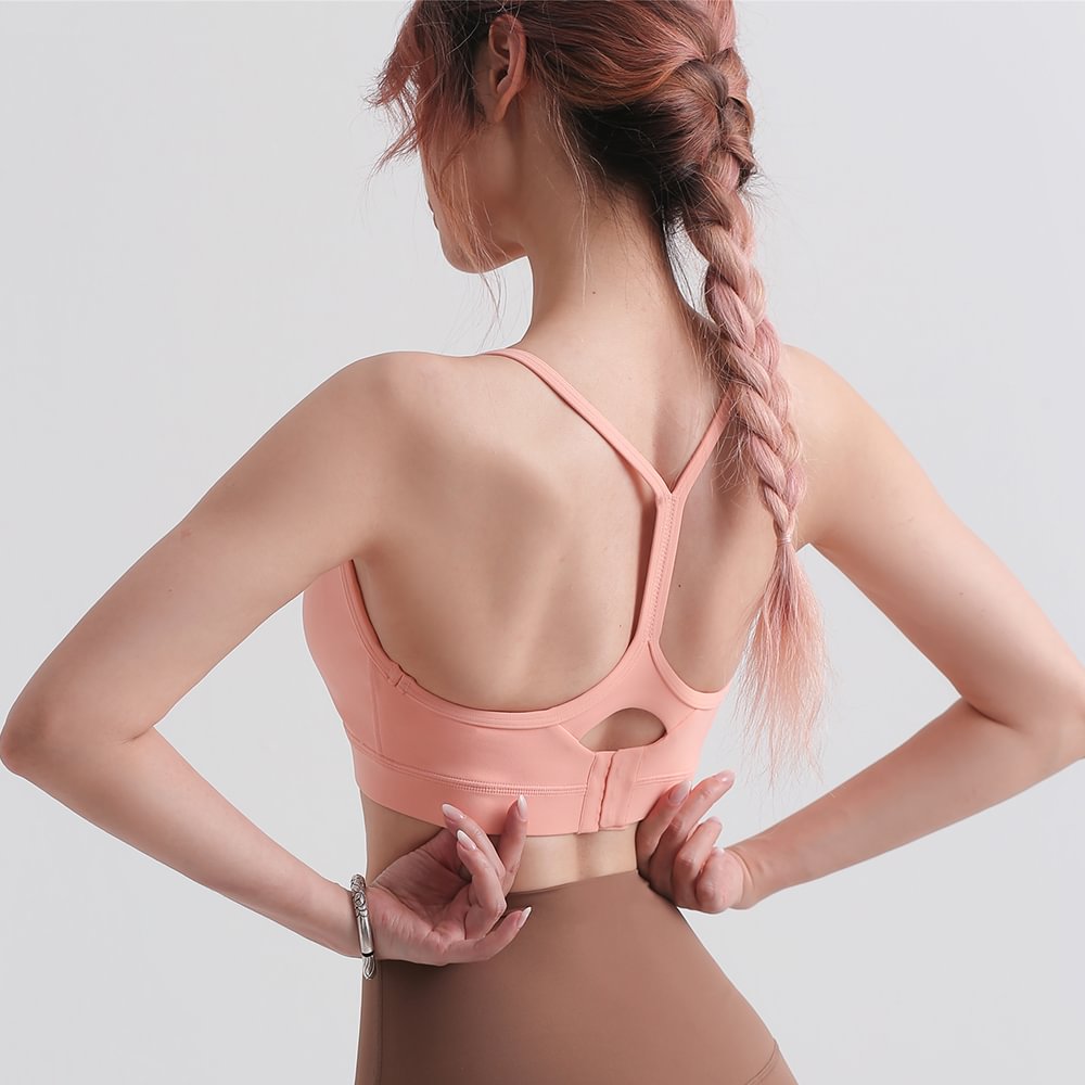 Buy Hergymclothing Shrimp Pink racer back thin straps hollow out breathable low impact sports bra at an affordable price