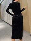 Sexy Deep V-Neck Shiny Long Sleeve Split-Side Midi Dress