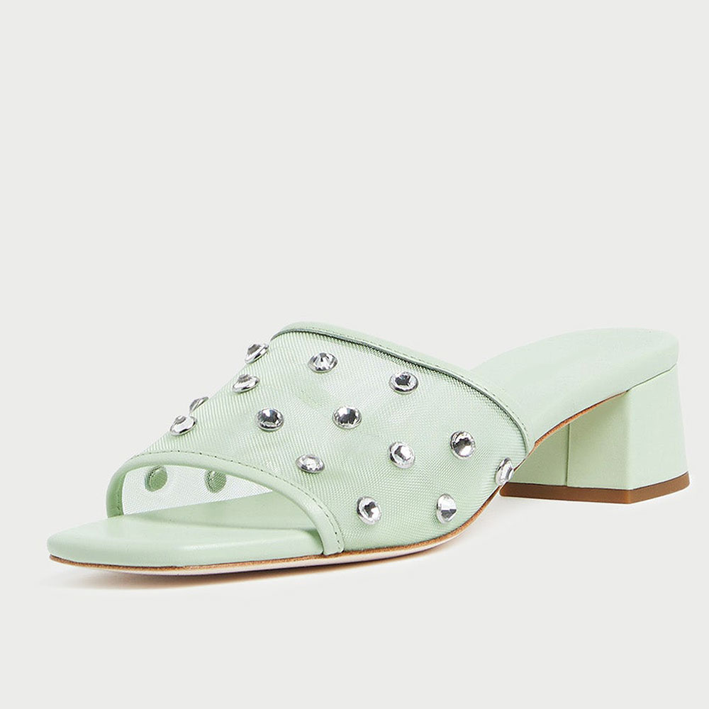 Green Mesh Square Toe Chunky Heel Rhinestone Wide Band Mules Nicepairs