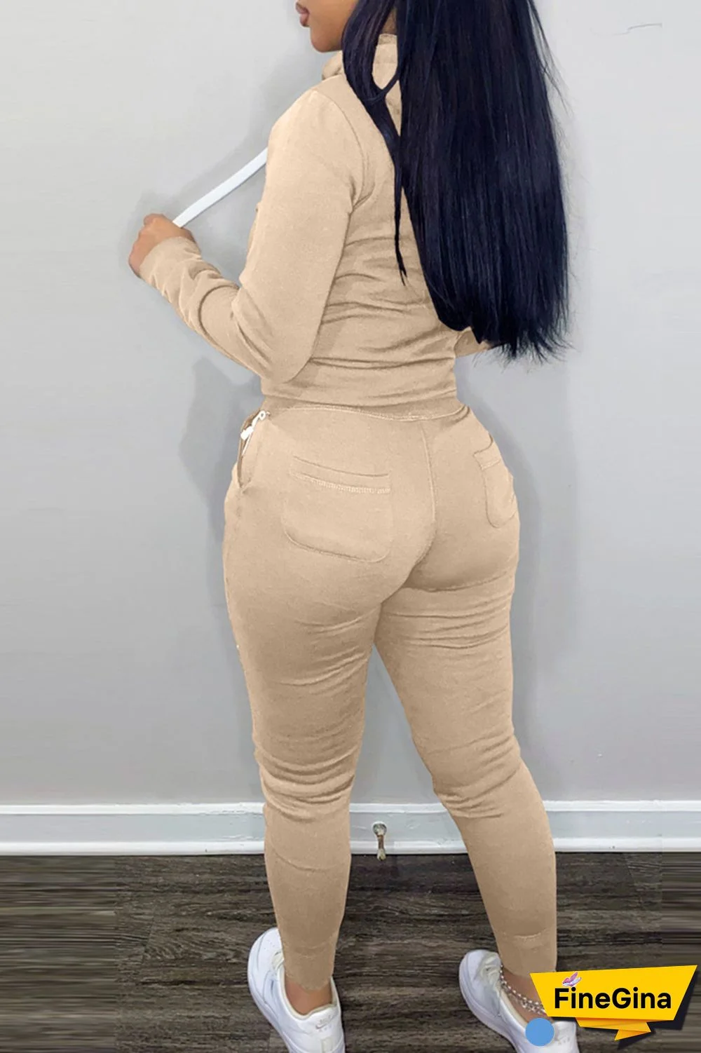 Khaki Casual Solid Patchwork Hooded Collar Long Sleeve Two Pieces