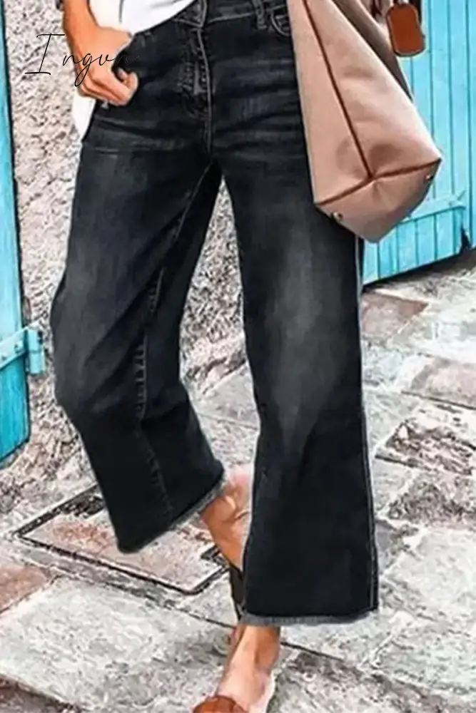 Ingvn - Casual Solid Patchwork Mid Waist Straight Denim Jeans Black / Xs Denim/Jeans