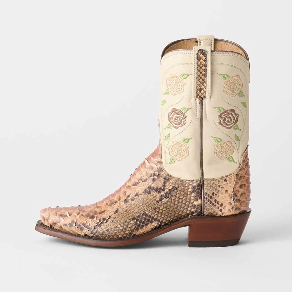 Ivory & Brown Snip Toe Embroidered Snake Embossed Cowgirl Boots