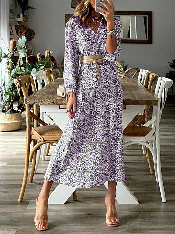 Women Long Sleeve V-neck Floral Printed Dress