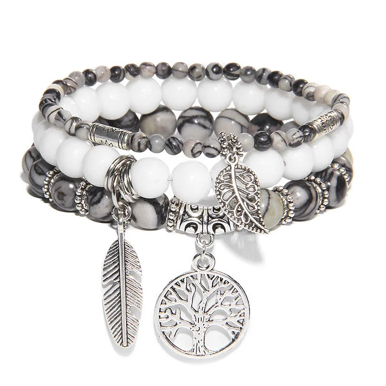 Olivenorma "Nature's Healing Moments" Black Network Stone Tree Of Life 3 Pieces Bracelet Set 