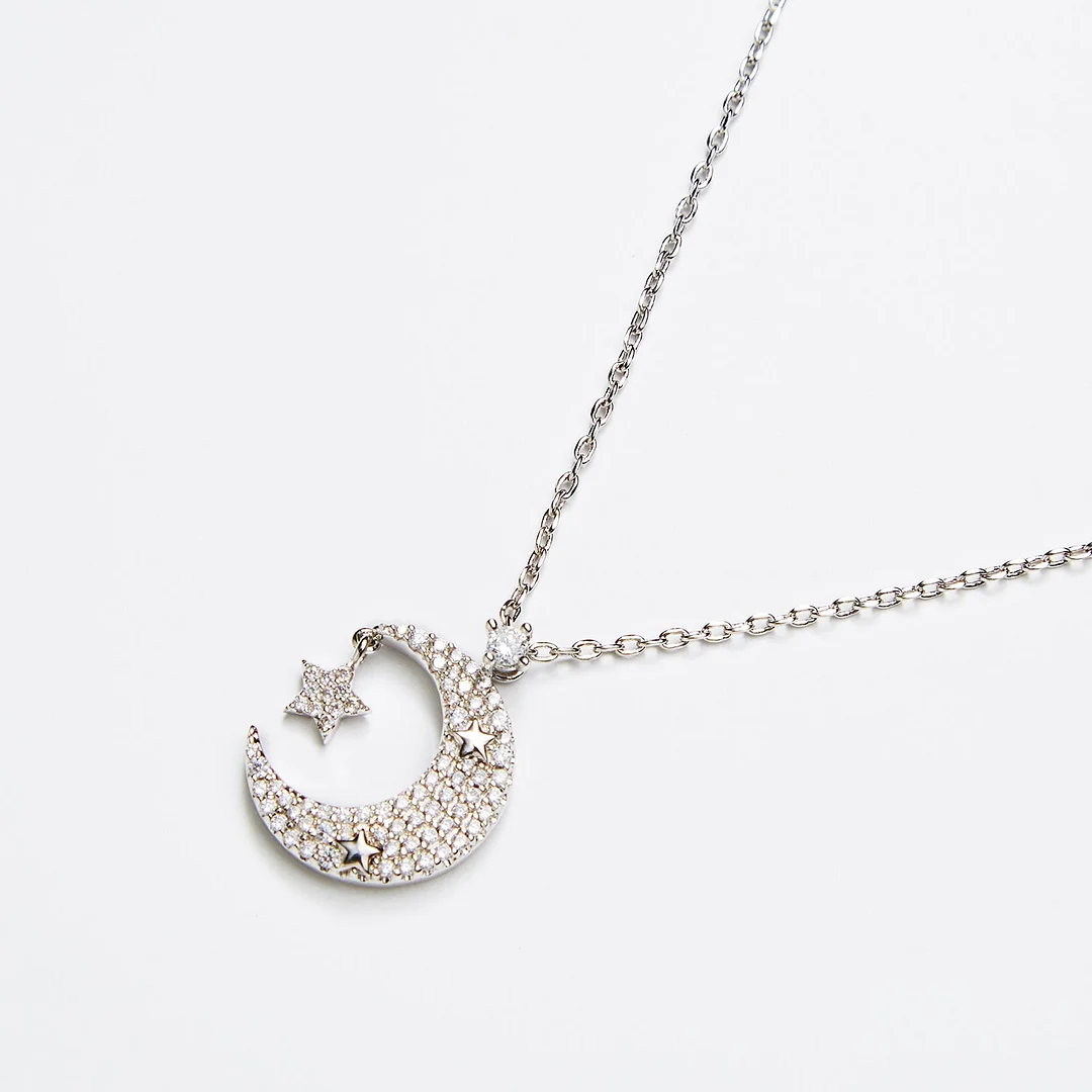 Crescent Moon Shaking Star "Hold Me Tight" Silver Pendant Necklace