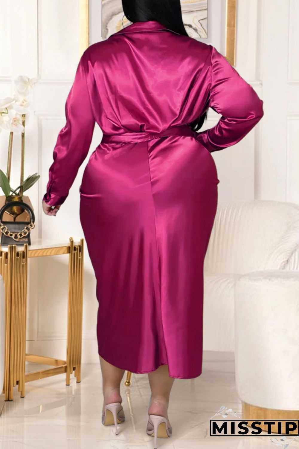 Black Fashion Casual Solid With Belt Turndown Collar Long Sleeve Plus Size Dresses