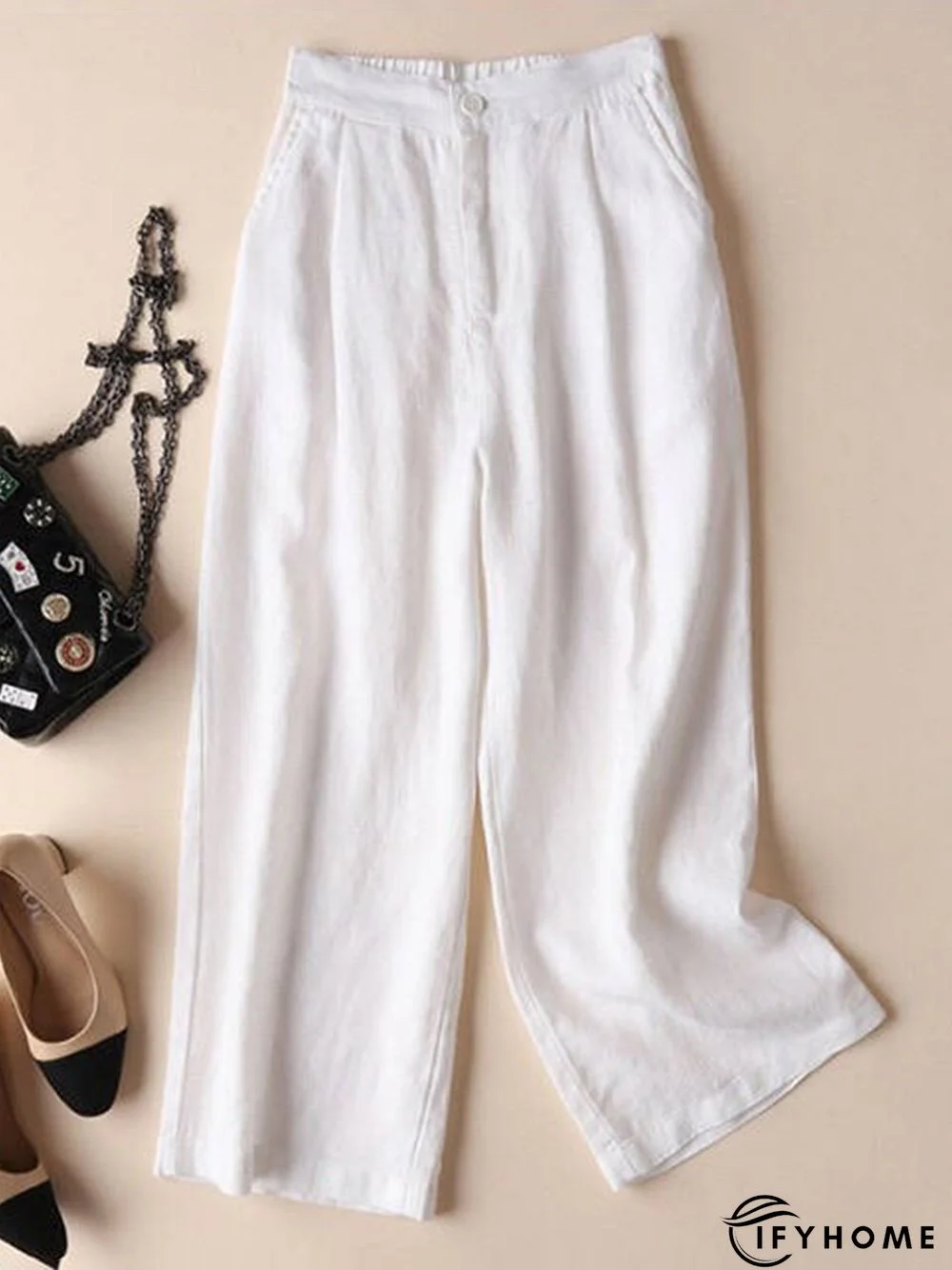 Solid Pockets Elastic Linen Casual Straight Pants | IFYHOME