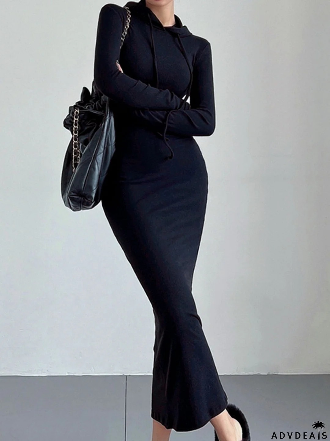 Drop Shoulder Graceful Drawstring Hooded Dress