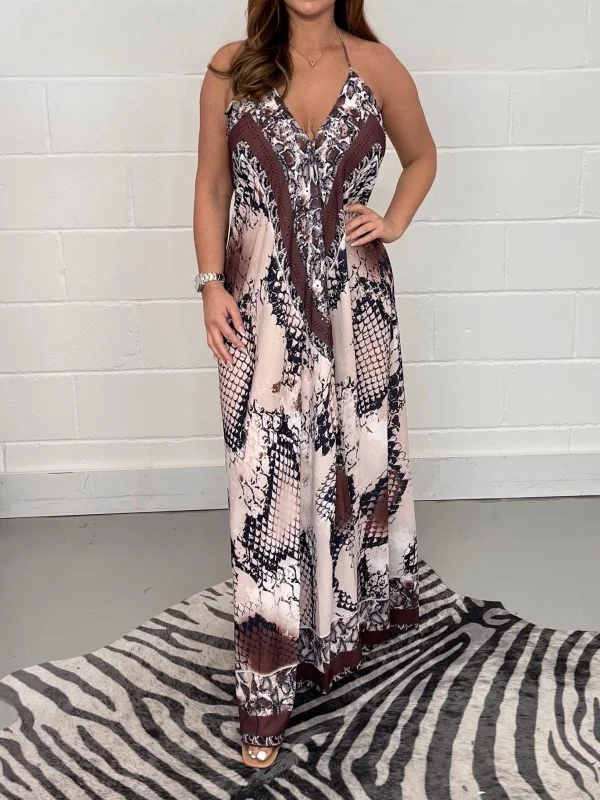 Brown Printed Snake Maxi Backless Maxi Dress