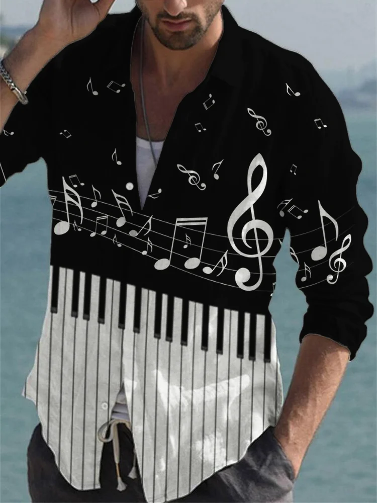 Men's Music Notes Piano Keys Contrast Casual Shirt
