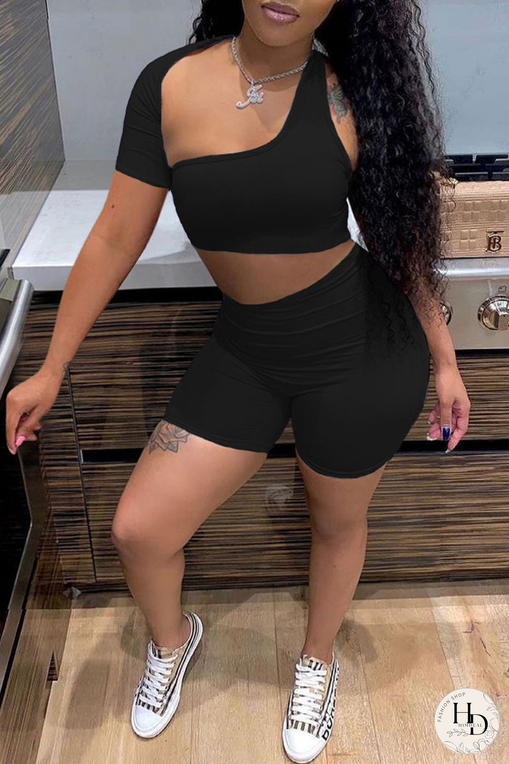 Blue Sexy Solid Hollowed Out Asymmetrical Collar Short Sleeve Two Pieces