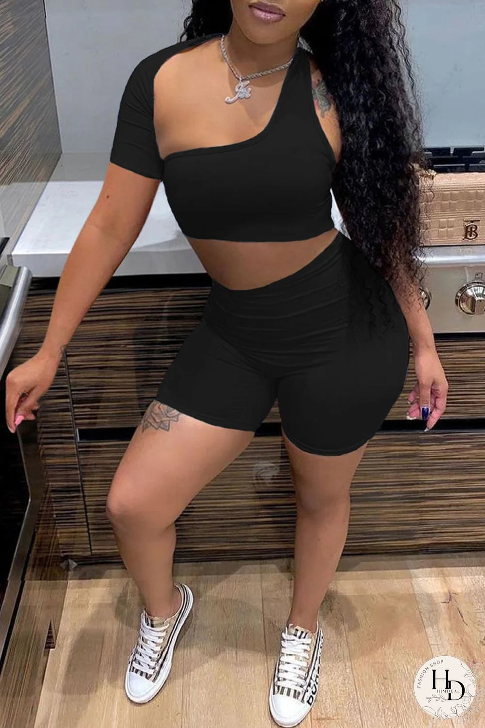 Blue Sexy Solid Hollowed Out Asymmetrical Collar Short Sleeve Two Pieces