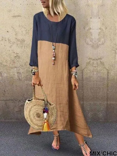 Women Khaki Long Sleeve Casual Linen Maxi Dress