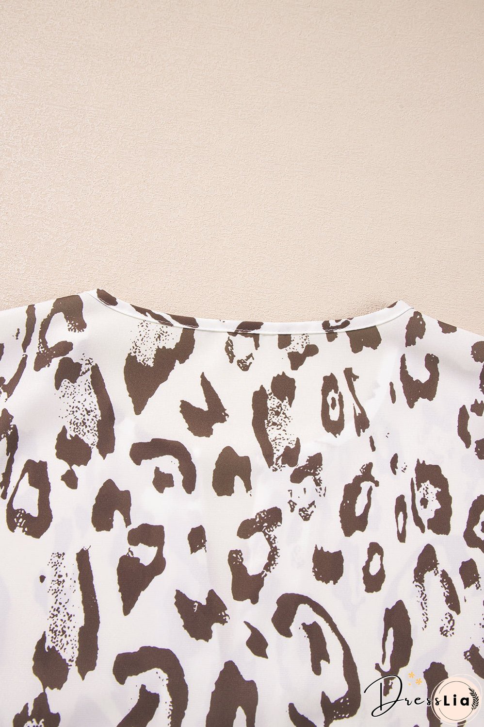 Khaki Leopard Print Split Neck Balloon Sleeve Blouse