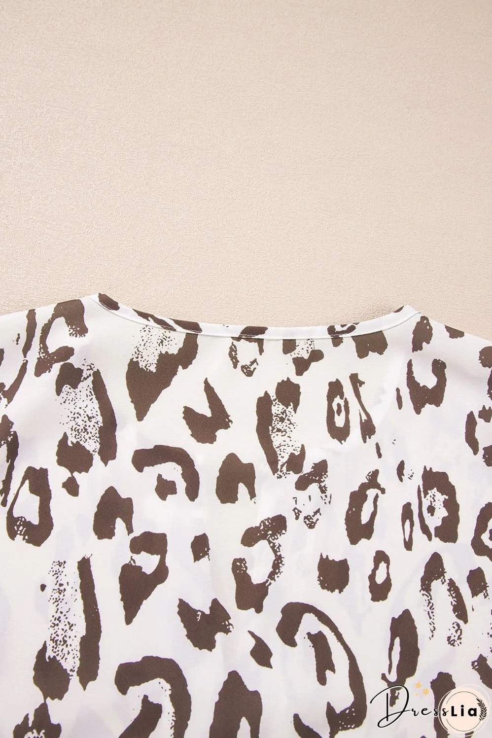 Khaki Leopard Print Split Neck Balloon Sleeve Blouse