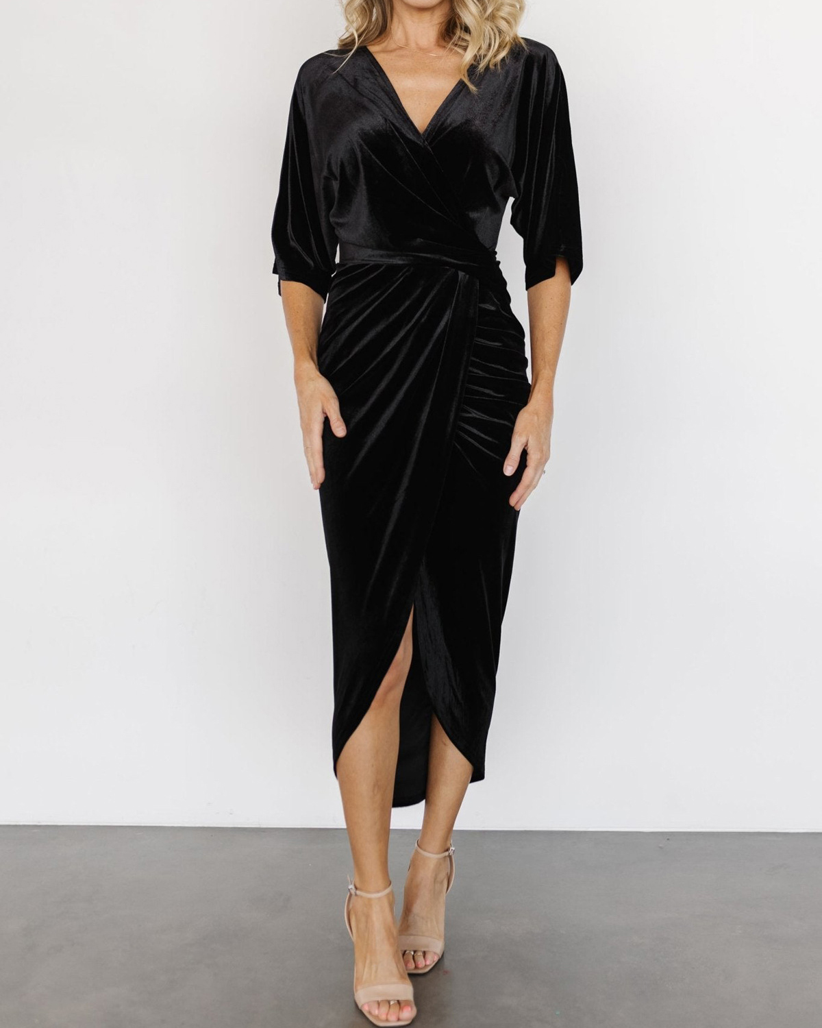 Ruched Detail Three Quarter Sleeve V Neck Side Split Velvet Midi Dress