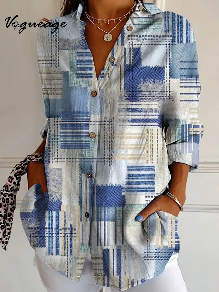 Simple Line Grid Stitching Long Sleeves Printed Cotton And Linen Shirt