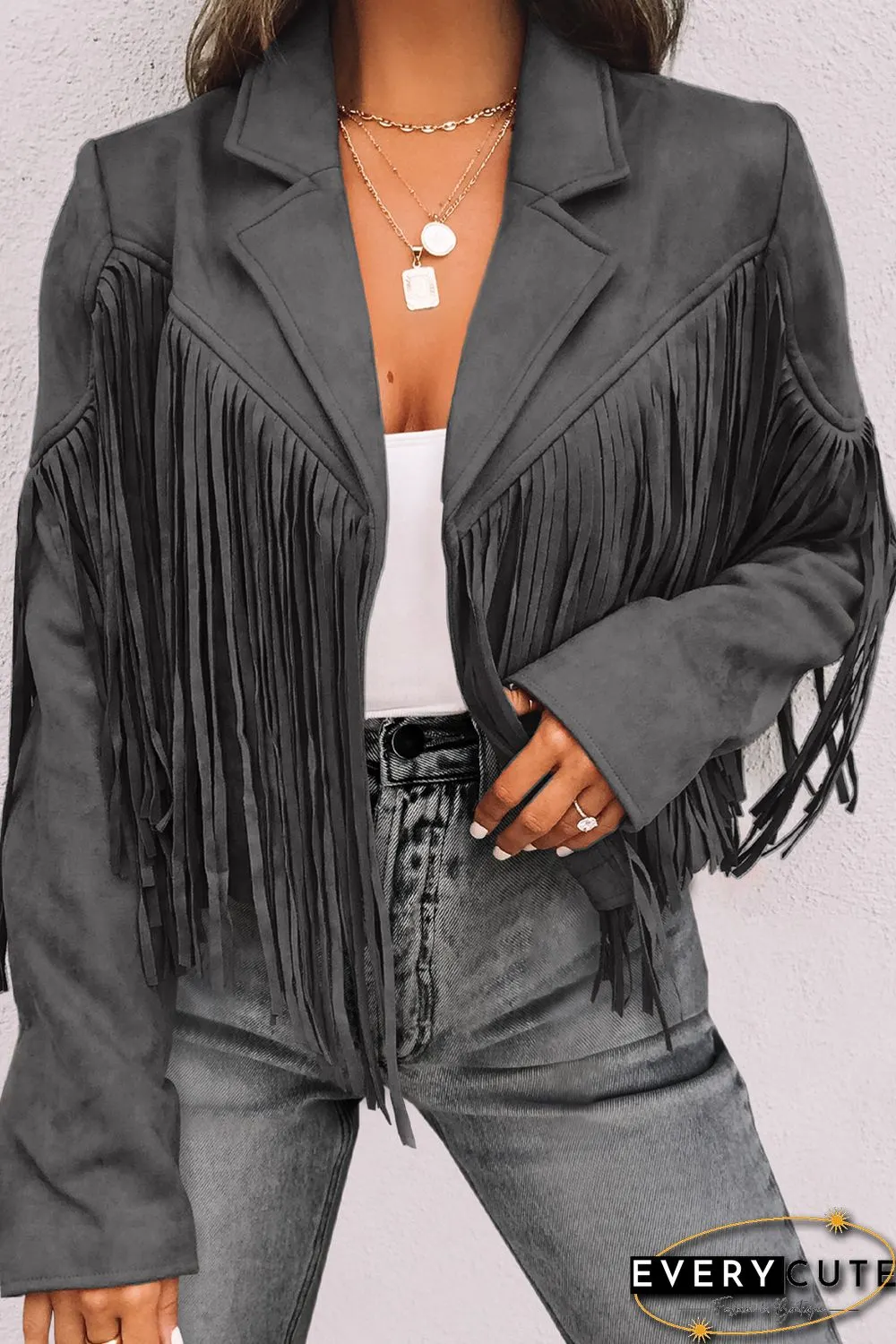 Gray Cropped Fringe Faux Suede Jacket