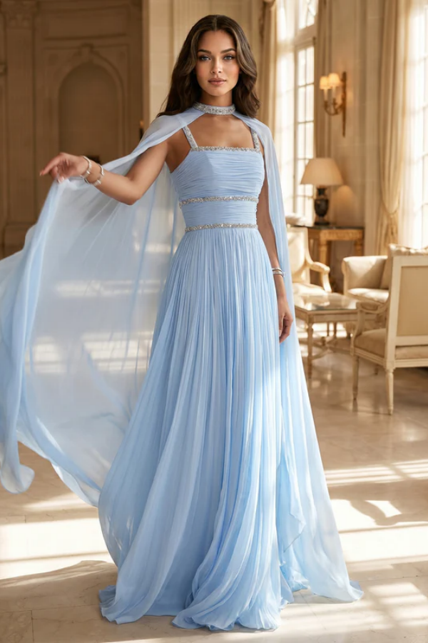 Lussooy Chic Sky Blue Chiffon Sleeveless Spaghetti Strap Beaded Prom Dress with Shawl 