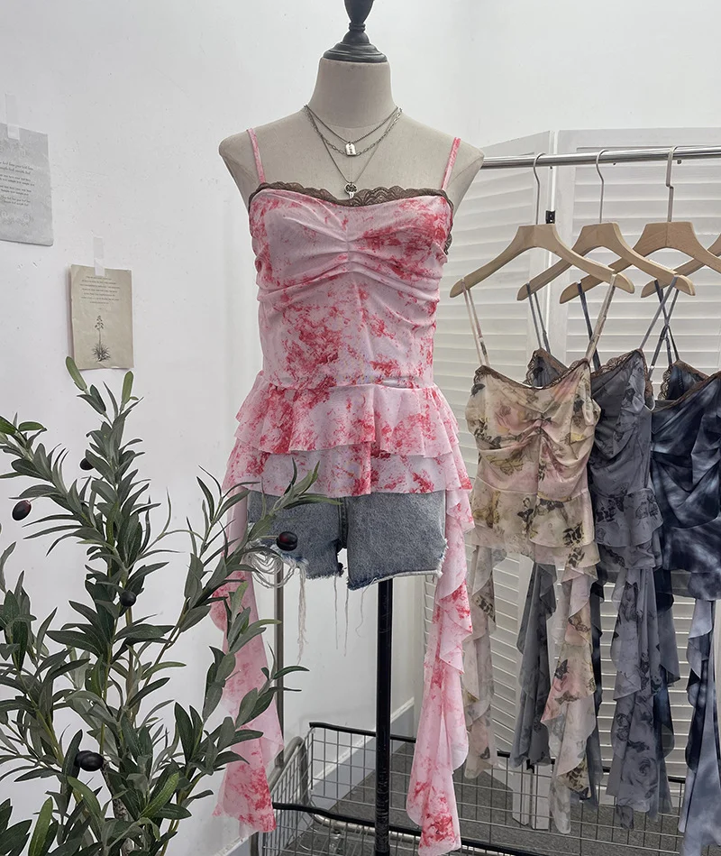 Churchf Real Shooting Atmosphere Feels A Mesh Yarn-Print Sling Vest Irregular Ribbon Splicing Lace Sleeveless Top 9968