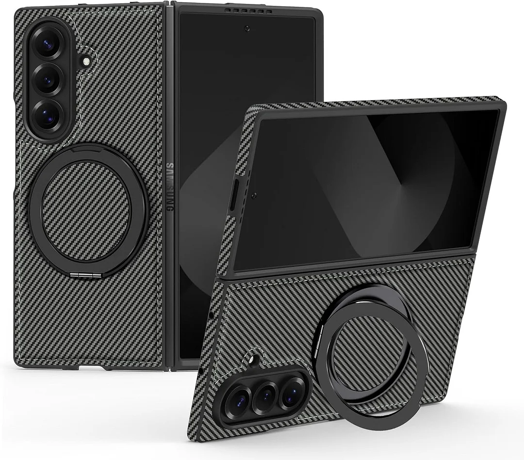 Magnetic for Samsung Galaxy Z Fold 7 Carbon Fiber Case with Stand, [Compatible with MagSafe] Aramid Fiber Twill 360&deg; Rotation Kickstand Thin PC Shockproof Case, Coffee