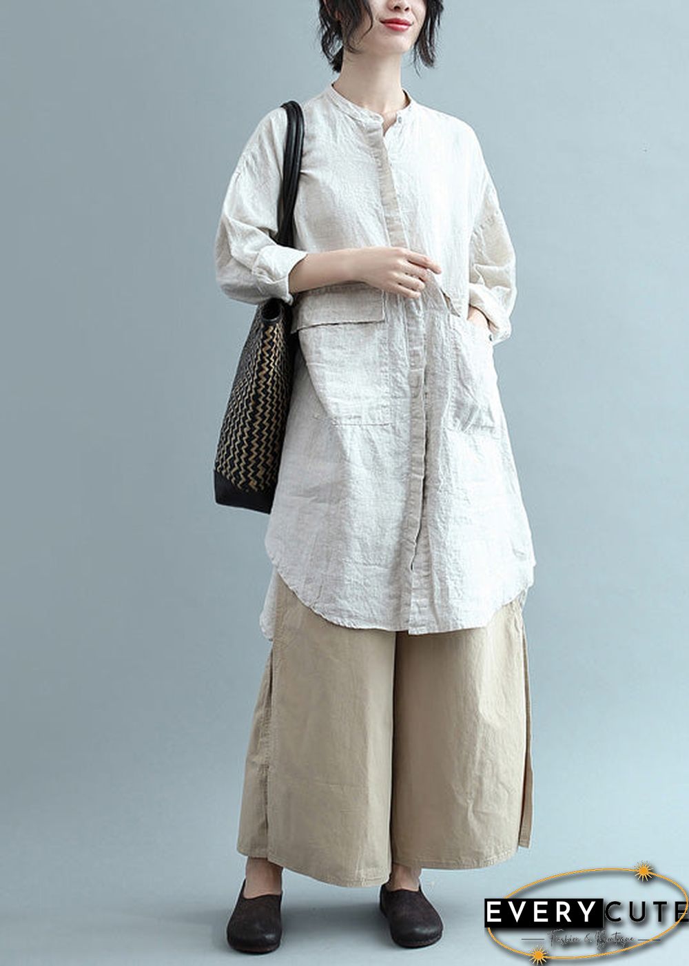 Bohemian lapel Button Down cotton top silhouette Organic Fashion beige Plus Size Clothing blouses Summer