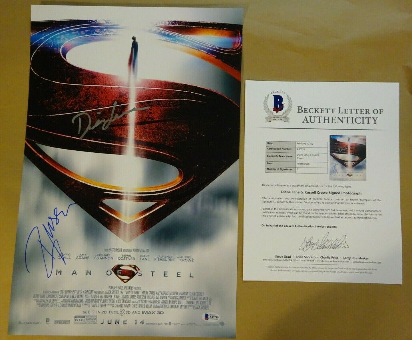 Signed MAN OF STEEL Autographed 12x18 Photo Poster painting DIANE LANE RUSSELL CROWE BECKETT COA