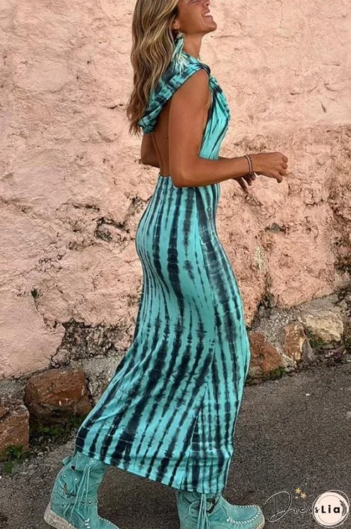 Meridress Cowl Neck Backless Tie Dye Hoodied Maxi Dress